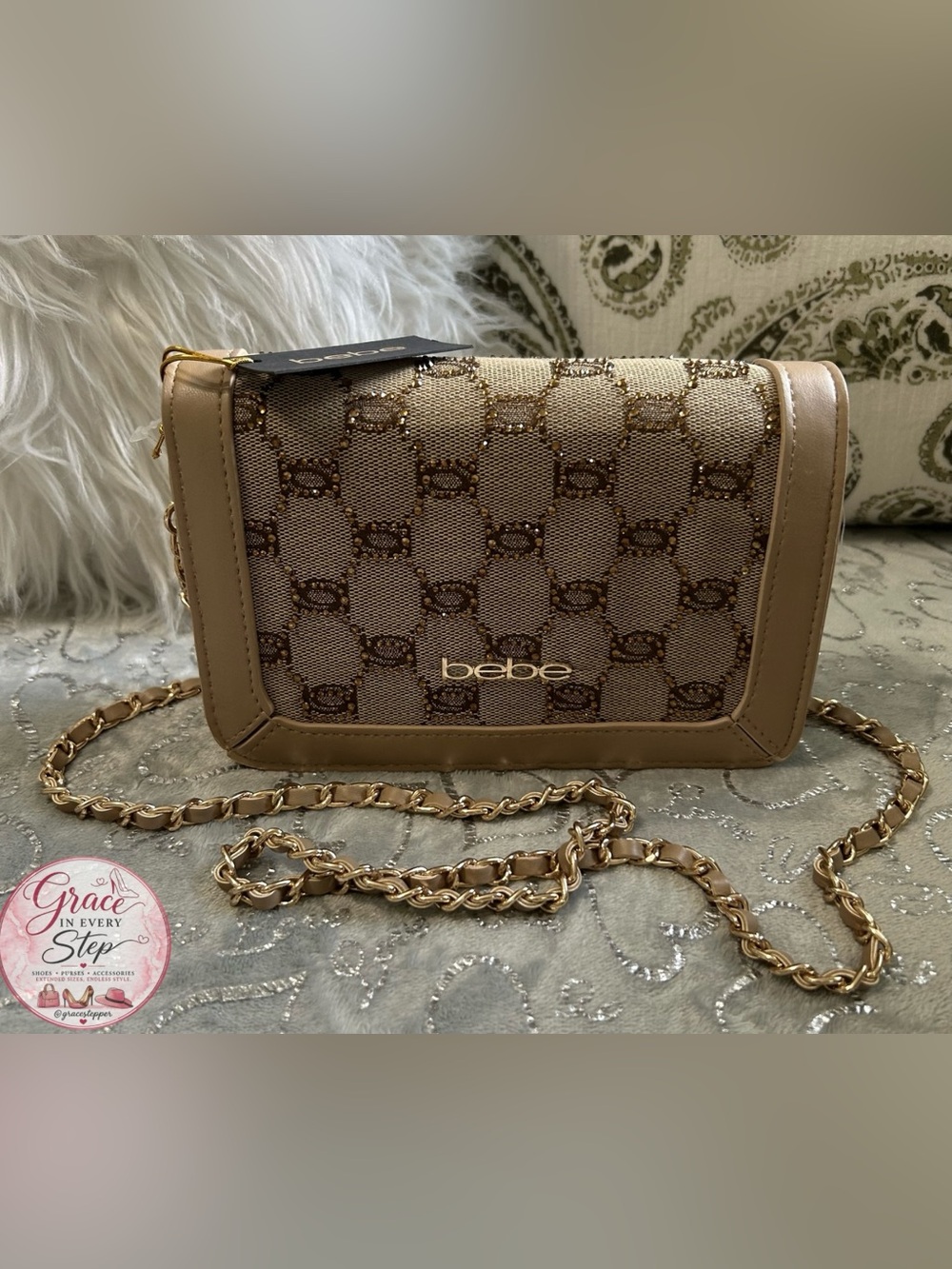 NWT Bebe Serena, Small, Beige Taupe Embellished Logo Crossbody with Gold Chain